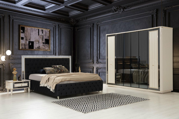 Modern Bedroom Set Black Bed + 2x Bedside tables 4 pieces. Wardrobe