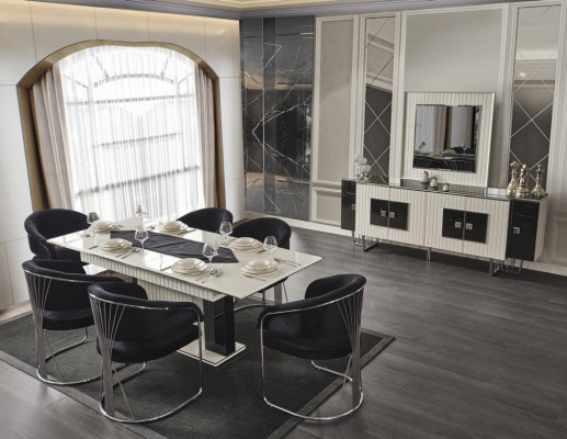 Luxury Dining room Suite Dining table with 6x armchairs Chest of drawers Mirror 8pcs