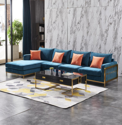 Corner sofa L-shape Coffee table Sofa Couch Design Upholstery Luxury Blue Table