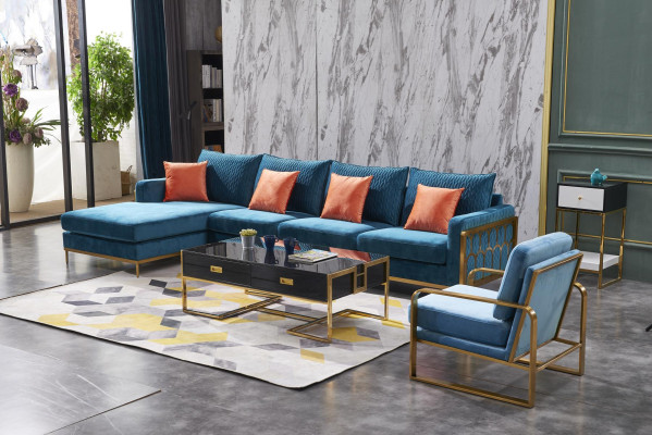 Corner sofa L-shape Coffee table Sofa Couch Design Upholstery Luxury Blue Table