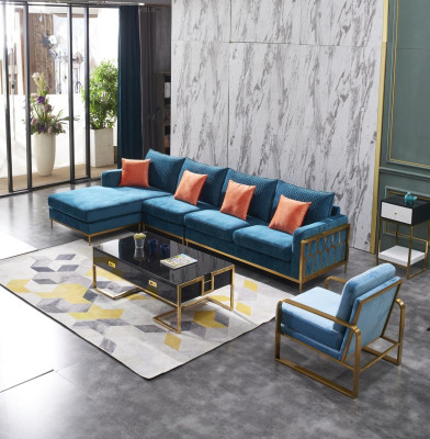 Corner sofa L-shape Coffee table Sofa Couch Design Upholstery Luxury Blue Table