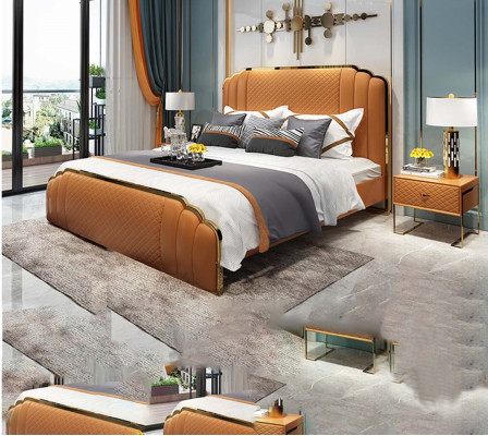 Design leather bed bedroom 3 pieces. Set 2x Bedside table Beds Luxury Furniture