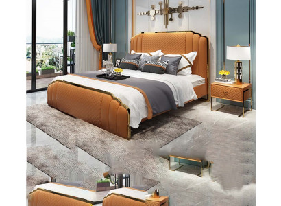 Design leather bed bedroom 3 pieces. Set 2x Bedside table Beds Luxury Furniture