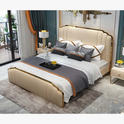 Design leather bed bedroom 3 pieces. Set 2x Bedside table Beds Luxury Furniture