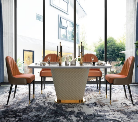 Luxury Designer Dining room with Round Dining table & 4 x metal reclining chairs