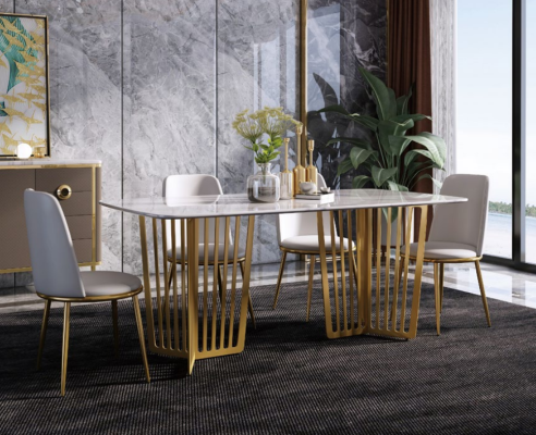 Luxury Dining table Leather + stainless steel Marble Imitation Table Stone Dining room