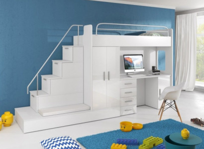 White Children Loft bed Bunk bed Double bunk bed Bed High Gloss Furniture
