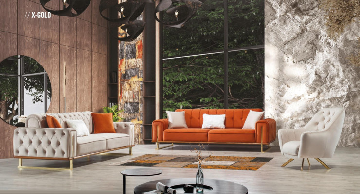 Sofa Orange 3 Seater Living room Luxury Chesterfield Italian