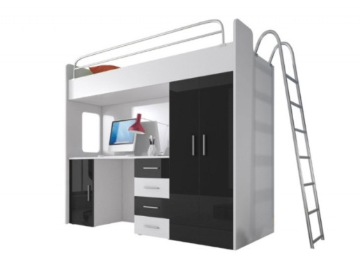 Black Double bunk bed Wood Bunk Bed Girls High Gloss Desk Wardrobe