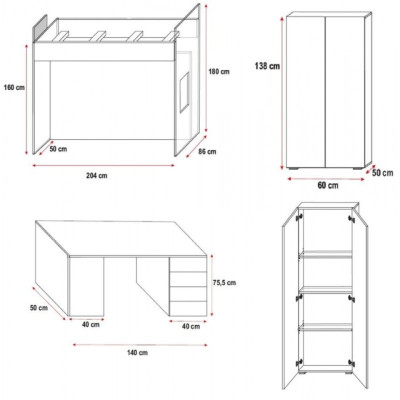 Pink Double bunk bed Wood Bunk Bed Girls High Gloss with Desk Wardrobe