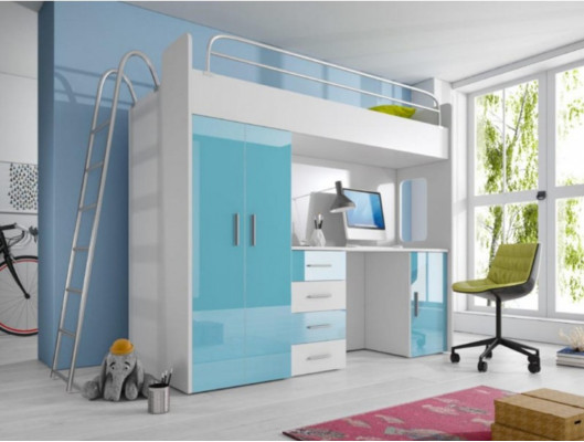 Blue Double bunk bed Wood Bunk Bed Girls High Gloss with Desk Wardrobe