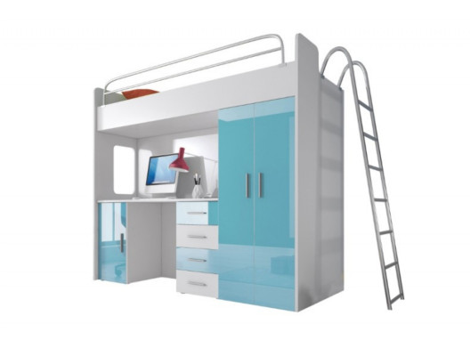 Blue Double bunk bed Wood Bunk Bed Girls High Gloss with Desk Wardrobe