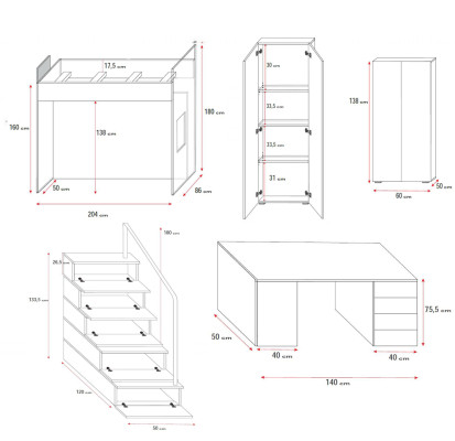 Childrens room Double bunk bed White Table Wardrobe Multifunction bunk loft bed