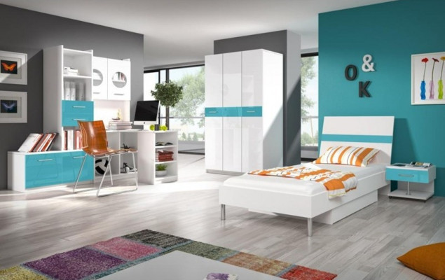 Bed + Bedside table Bedroom Youth Room Childrens room Set Furniture Blue 2pcs.