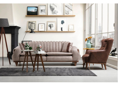 Designer sofa set 3+1 seat coffee table sofa cover textile brown wood