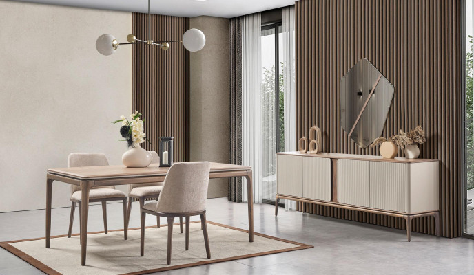 Dining set Dining table 4 Chairs Sideboard Mirror Modern 7-piece Wood Beige