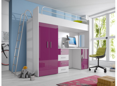 Double bunk bed BUNK BETT Bunk bed with Desk + Wardrobe -RAJ 4D PURPLE