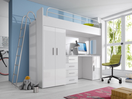 Double bunk bed BUNK BETT Bunk bed with Desk + Wardrobe -RAJ 4D White