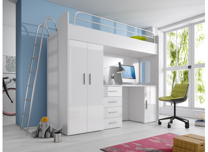 Double bunk bed BUNK BETT Bunk bed with Desk + Wardrobe -RAJ 4D White