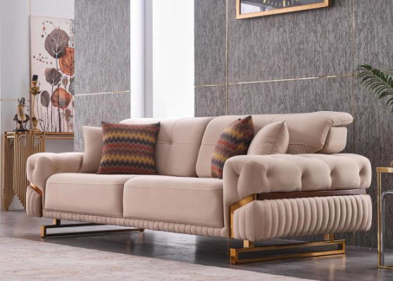 Beige three-seater stainless steel furniture living room couch luxury textile sofa
