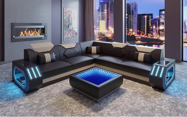 Corner sofa Leather upholstery Design Living room Corner sofa Couch Sofa L-shape Living landscape