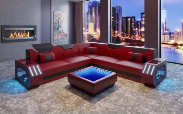 Corner sofa Leather upholstery Design Living room Corner sofa Couch Sofa L-shape Living landscape