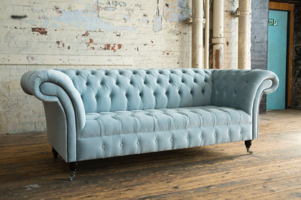 Chesterfield 3 Seater Upholstery Couch Leather Sofa Couches Textile Modern Style Blue