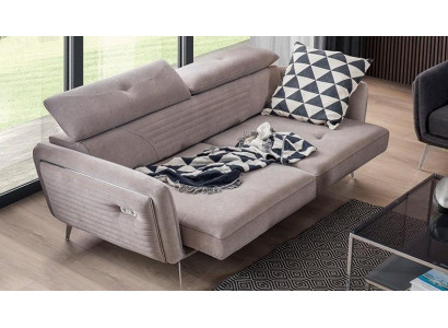 Luxurious, fashionable two-seater sofa with textile upholstery on high legs