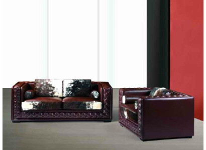 Dark red Chesterfield sofa set 3+2 seater 2 pieces. Leather set with pony skin