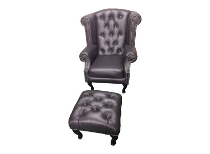 Luxury Wing Chair and Stool Chesterfield Armchair Leather Black Modern