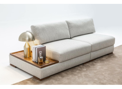 Slim, modern 2-seater soft sofa with integrated wooden table and wide seat