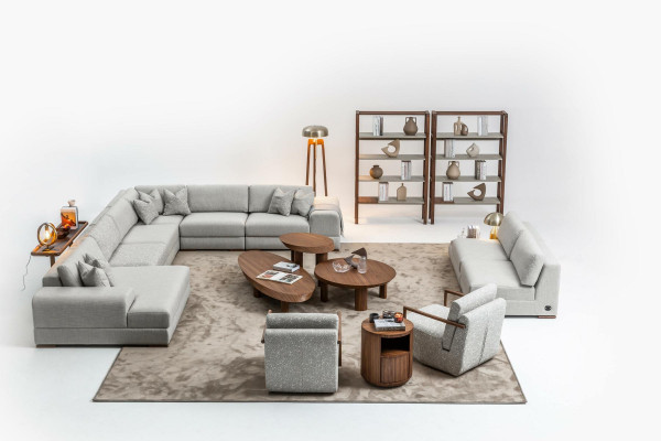 Slim, modern 2-seater soft sofa with integrated wooden table and wide seat