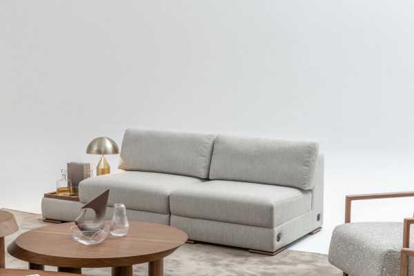 Slim, modern 2-seater soft sofa with integrated wooden table and wide seat