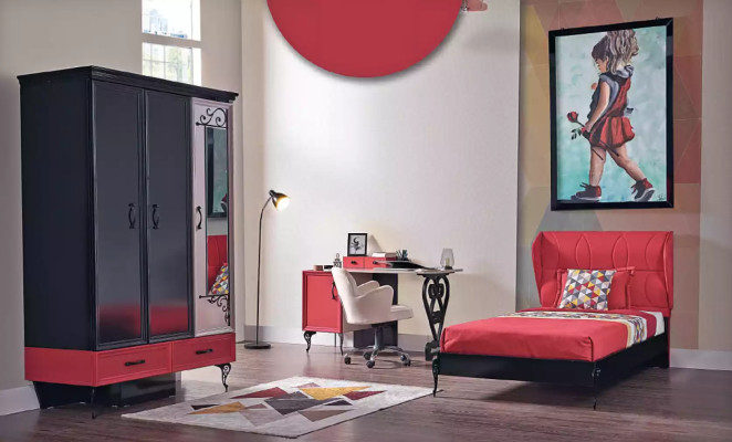 Children Bedroom Red Black Classic Complete room Wardrobe Bed