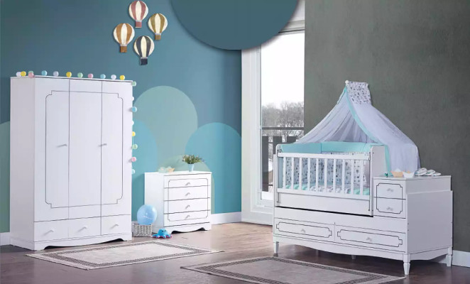 Infant Room Childrens room Bed White Bedroom Baby Wardrobe Chest of drawers 3pcs.