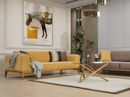 Sofa set Complete e Sofa 431 Seater Armchair Fabric Yellow Set 3pcs new