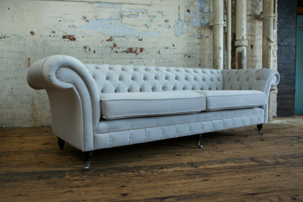 Gray Chesterfield 4 Seater Upholstery Couch Modern Style Velvet Textile Fabric Sofa