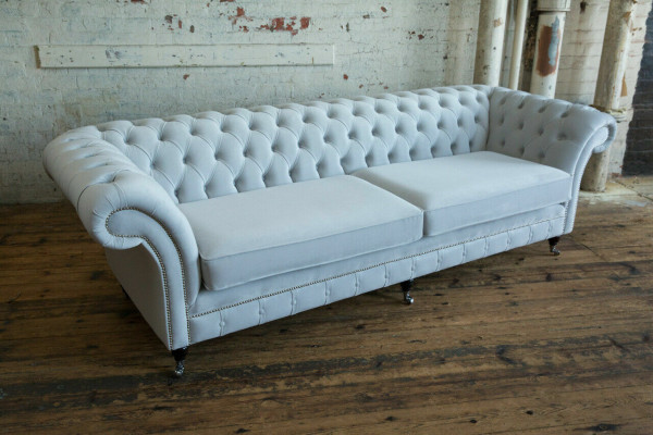 Gray Chesterfield 4 Seater Upholstery Couch Modern Style Velvet Textile Fabric Sofa