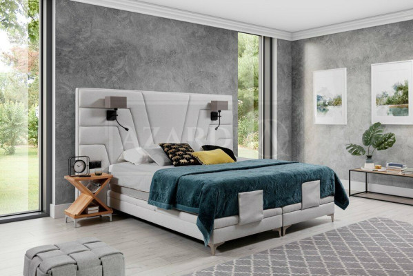 Bed Beds Double bed Bedroom Leather Upholstery Textile Hotel + Lamps