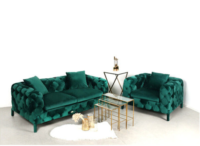 Green Chesterfield 3+1 Seating Set Sofa Fabric Couches Upholstery Suite