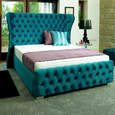 Chesterfield Turkis Green Designer Bed Bedroom Textile Leather Upholstery 180x200 cm