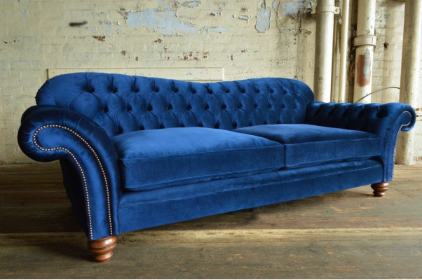 Design Sofa 4 Seater Couch Textile Upholstery Blue Classic Sofas Chesterfield new