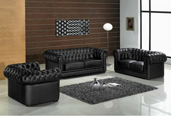 Black Chesterfield Sofas 3+2+1 Set Upholstery Designer Sofas Suite