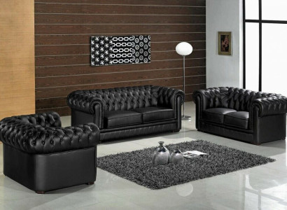 Black Chesterfield Sofas 3+2+1 Set Upholstery Designer Sofas Suite