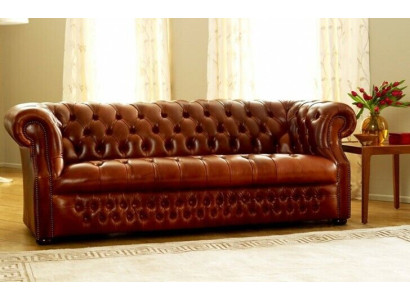 Brown Chesterfield three-seater designer 3-seater sofa. Stylish couch