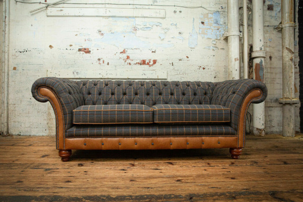 Design Chesterfield 3 Seater Fabric Couch Gray Upholstery Sofas Sofa England 225cm