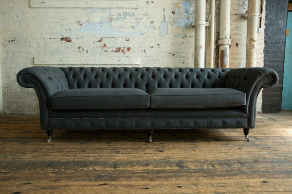 Original Chesterfield Textile Leather Sofa Couch Upholstery Big Seat Cushion Gray 265cm