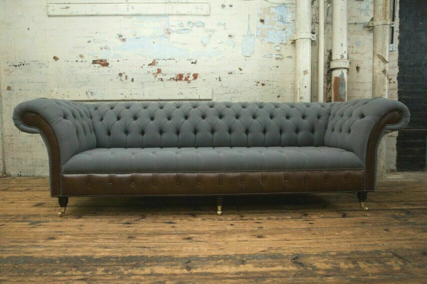 Design Chesterfield Sofa 4-Seater Gray Couch Upholstery Leather Sofas Living room new