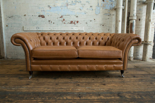 Sofa 3 Seater Couch Chesterfield Upholstery Seat Suite Leather Brown Textile