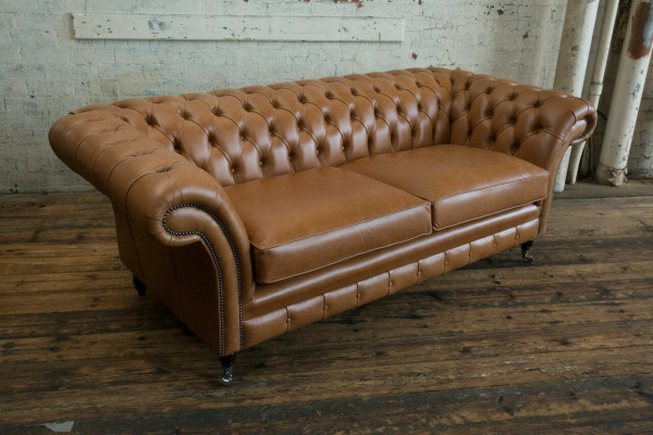 Sofa 3 Seater Couch Chesterfield Upholstery Seat Suite Leather Brown Textile